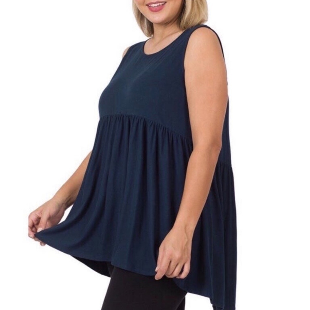 ZENANA 
Sleeveless Shirring Hi Low Empire Waist Babydoll Tank Top